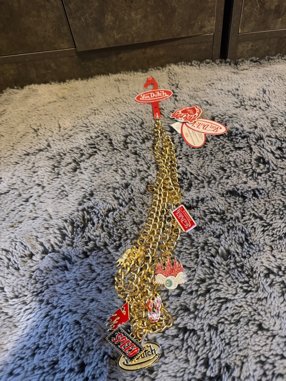 Von Dutch Gold-Tone 9 Multi-Charm Chain with Red Enamel Accents